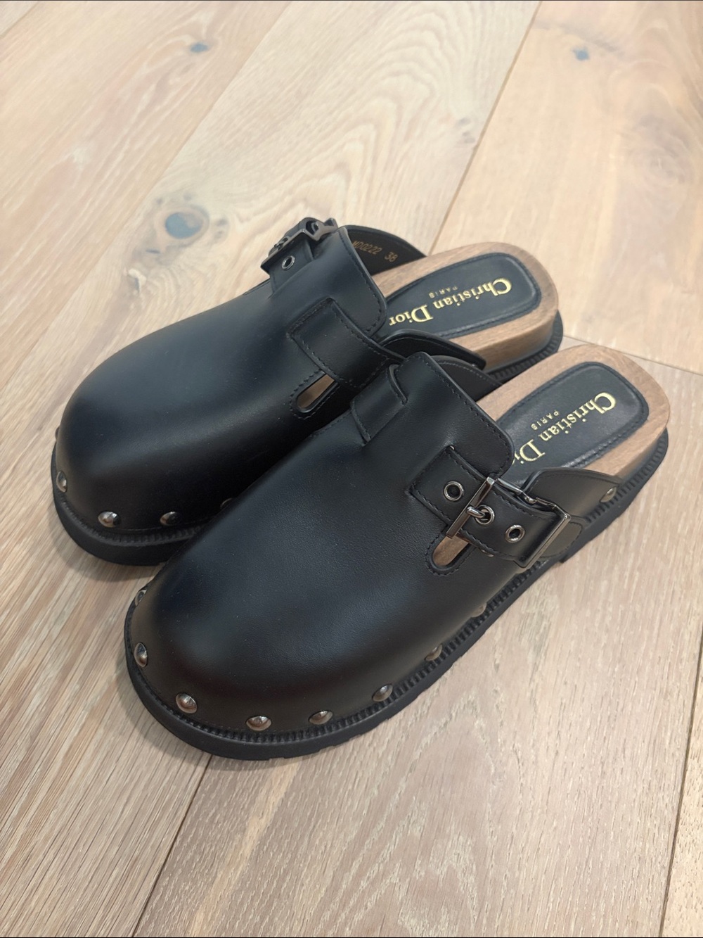 Dior Black Leather Stud-Trim Clog Mules